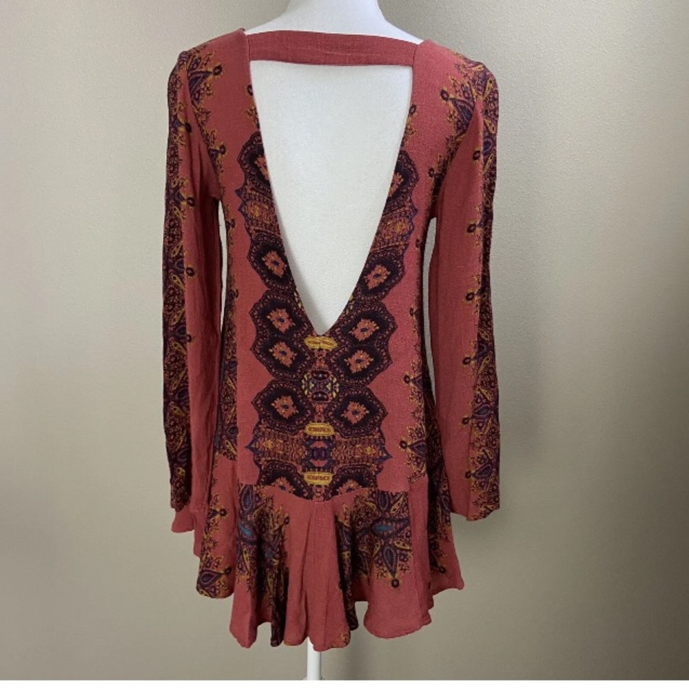Free People Mini Dress Large Bohemian Print Open Back Peplum Festival Fairycore